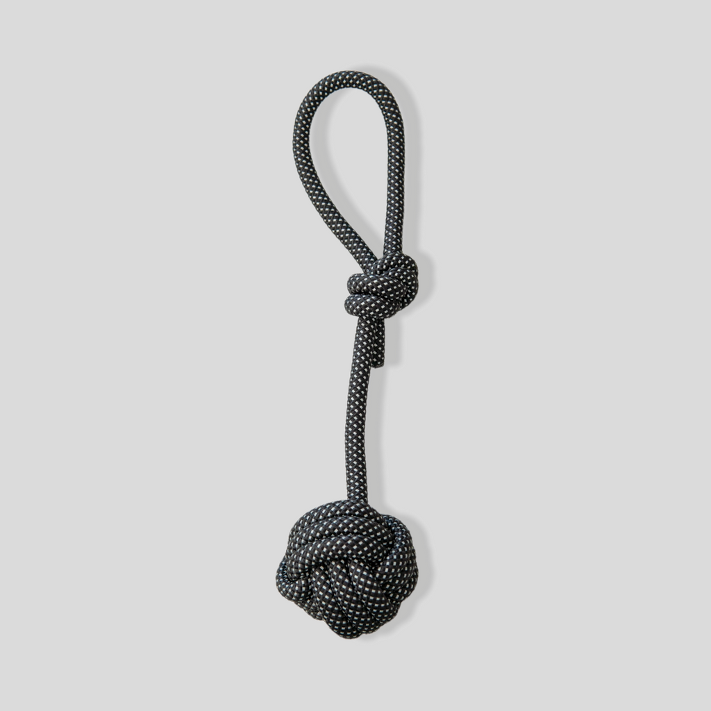 Black dog toy with a ball and rope on a light gray background
